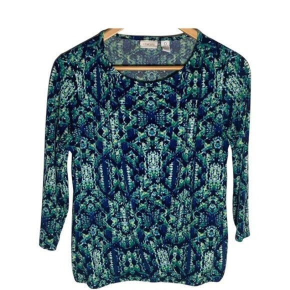 Chicos Blue Green Print Blouse Small Long Sleeve Stretch Work Top - Picture 1 of 12